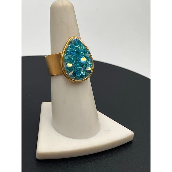 Liz Palacios Teardrop Blue AB Swarovski Crystal Gold Plated Wide Band Ring Sz 7 - Picture 4 of 8